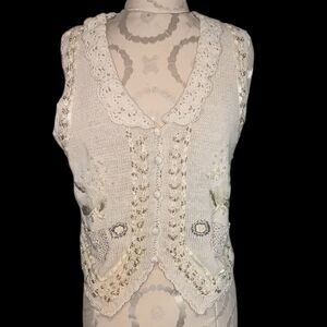 VTG Knit Sweater Vest Pearls Flowers Embroidery Heirloom Collectibles New Medium